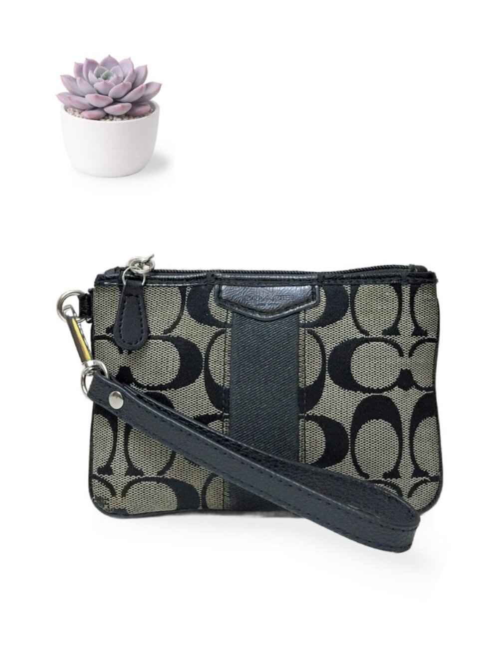 Coach Signature Jacquard Wristlet Khaki Black Stripe Small Pouch Clutch Purse